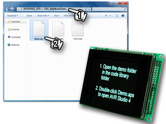 Open the Noritake VFD module code library's demo file Open the Noritake VFD module code library's demo file